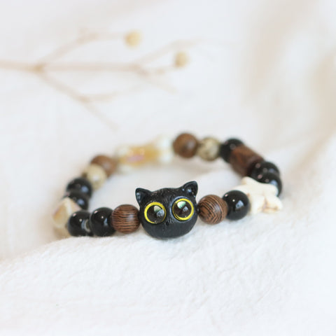 BITEFU  Cute Owl Bracelet with Little Black Cat Tire and Ceramic Beads