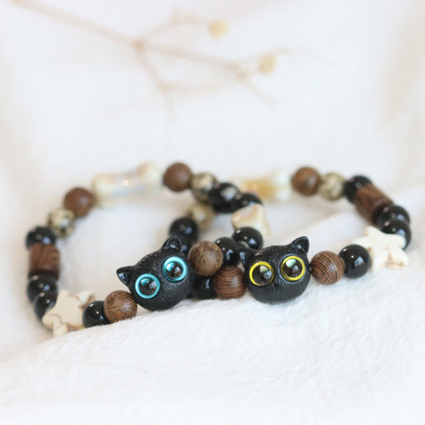 BITEFU  Cute Owl Bracelet with Little Black Cat Tire and Ceramic Beads