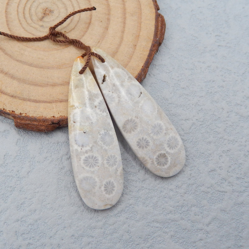 Paire de boucles d'oreilles en forme de larme de corail fossile indonésien naturel, pierre pour la fabrication de boucles d'oreilles, 40x12x4mm, 5.8g