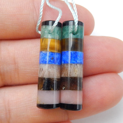 Intarsia of Obsidian, Amazonite, Tiger-Eye, Lapis Lazuli, Sunstone, Labradorite and Pink Opal Earring Beads 28x7mm, 5.9g