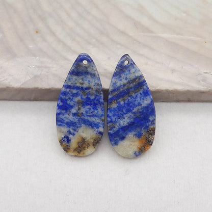 New 1 Pair Natural Lapis Lazuli Teardrop Gemstone Earring Beads (Rough Surface), Gemstone For Jewelry DIY Making, Drilled Gemstone Pair,25x12x3mm, 3.6g