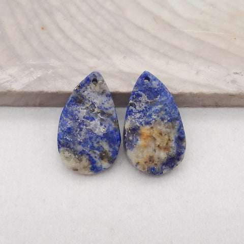 New 1 Pair Natural Lapis Lazuli Teardrop Gemstone Earring Beads (Rough Surface), Jewelry DIY Making, Drilled Gemstone Pair,22x14x4mm, 4.1g