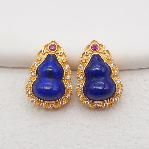 BITEFU 1Pair Silver Gold Plated Natural High Quality Lapis Lazuli Gourd Gemstone Earring beads 2.7g