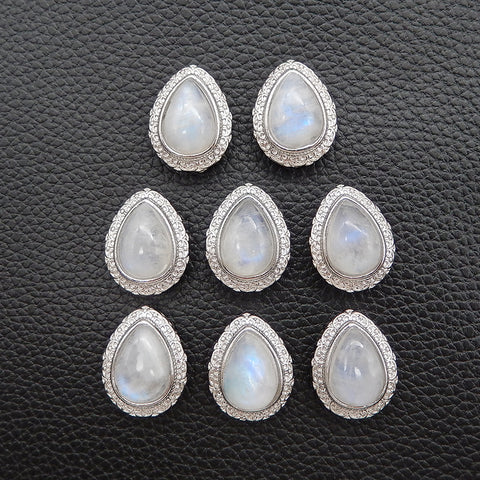 Natural Moonstone Brass Plated Silver Pendant Bead, Gemstone Jewelry Gift 20x16x12mm, 4.3g