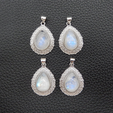 Natural Moonstone Brass Plated Silver Pendant Bead, Gemstone Jewelry Gift 29x18x8mm, 3.5g