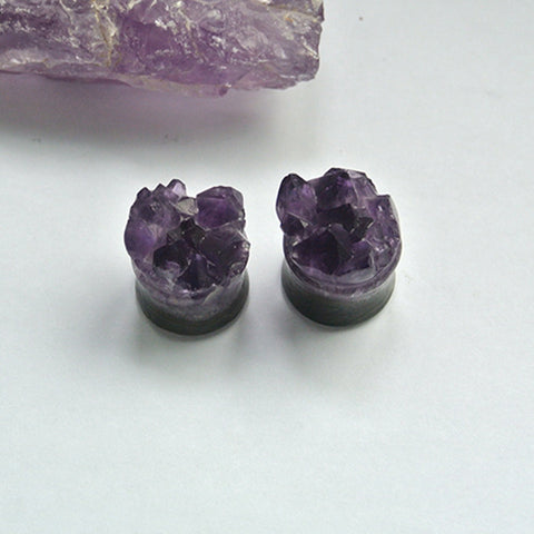 16mm Amethyst Ear Plugs With Geode Face And Flat Back, 13mm Thickness, 1.5mm Flare