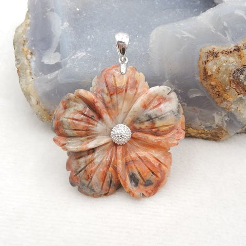 Natural Crazy Lace Agate Carved flower Pendant with 925 Sterling Silver Pinch Bail 47x45x7mm, 22g