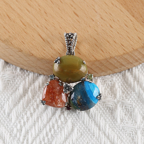 Handmade Pendant,Red Agate,Blue Opal and Yellow Opal Pendant, 925 Sterling Silver Pendant,39×29×9mm,11.6g