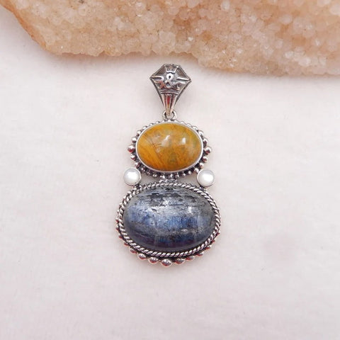 Intarsia of Yellow Opal and Blue Kyanite Pendant with 925 Sterling Silver 18x13x8mm, 24x16x8mm, 19.4g