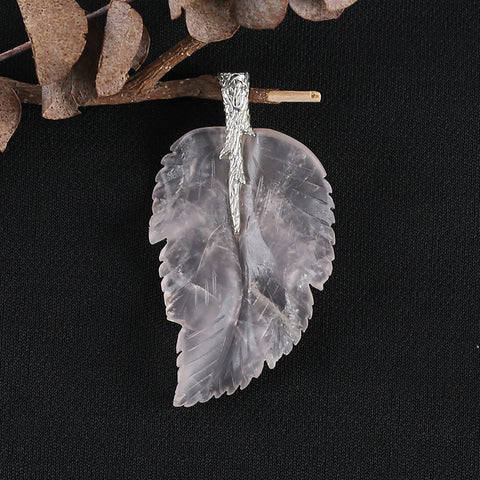 New Natural Rose Quartz Handcarved Leaf Pendant,925 Sterling Silver Pinch Bail,60x33x7mm,13g