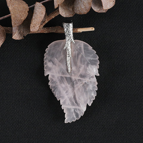 New Natural Rose Quartz Handcarved Leaf Pendant,925 Sterling Silver Pinch Bail,59x32x7mm,11.2g