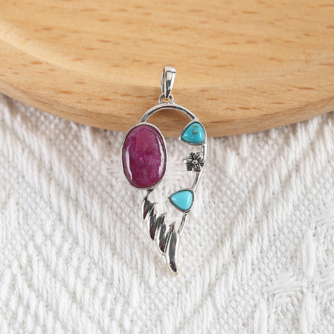 New Arrival!Handmade Jewelry Sterling Silver 925,Turquoise And Ruby Pendant,35×16×4mm, 2.8g