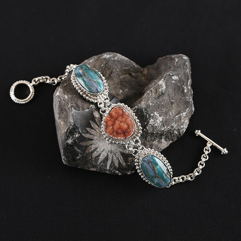 925 Sterling Silver Inlaid Charm Bracelet, Cluster Quartz,Blue Opal Bead For Pendant,Handmade Jewelry For Women20cm,28×19×9mm,24×25×9mm,40.7g