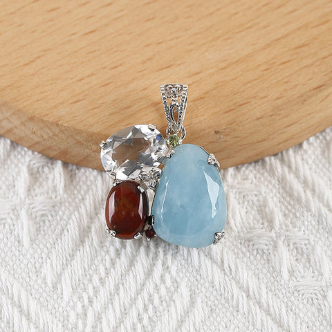 Handmade Pendant,Blue Aquamarine,Wood Fossil And Crystal Pendant, 925 Sterling Silver Pendant,38×30×11mm,16.5g