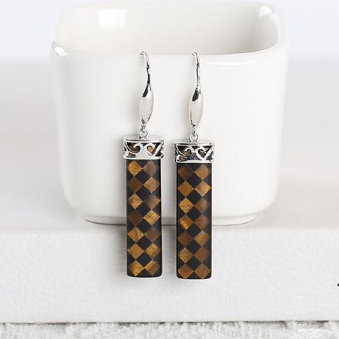 Natural Stone Tiger-Eye, Obsidian Intarsia Earrings With 925 Sterling Silver, 31x8x4mm, 6g