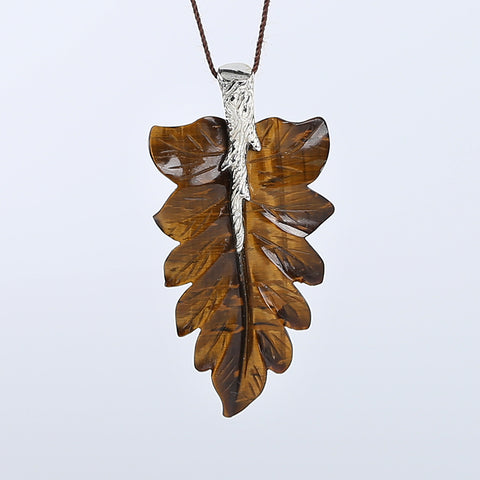 New Natural Tiger-Eye Handcarved Leaf Pendant,925 Sterling Silver Pinch Bail,58x29x8mm,9.5g