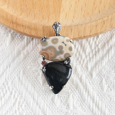 Handmade Pendant,Ocean Jasper And Blue Tiger Eye Pendant, 925 Sterling Silver Pendant,36×22×5mm,13.6g