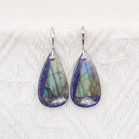 New Natural Lapis Lazuli And Labradorite Intarsia Teardrop Earrings , 925 Sterling Silver, 33x18x4mm, 8.6g