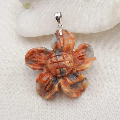 Natural Crazy Lace Agate Carved flower Pendant with 925 Sterling Silver Pinch Bail 42x39x10mm, 11g