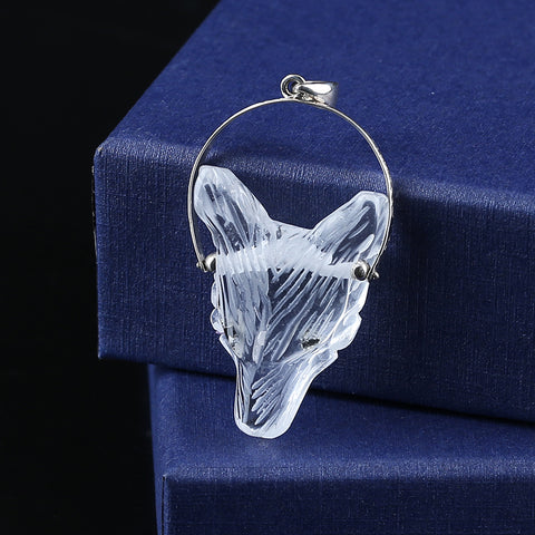 White Crystal Carved Wolf Head Pendant With 925 Sterling Silver,35x26x13mm, 13g