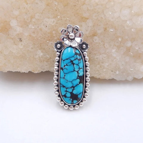 Natural Turquoise Pendant with flower 925 Sterling Silver 38x17x4mm, 7.5g