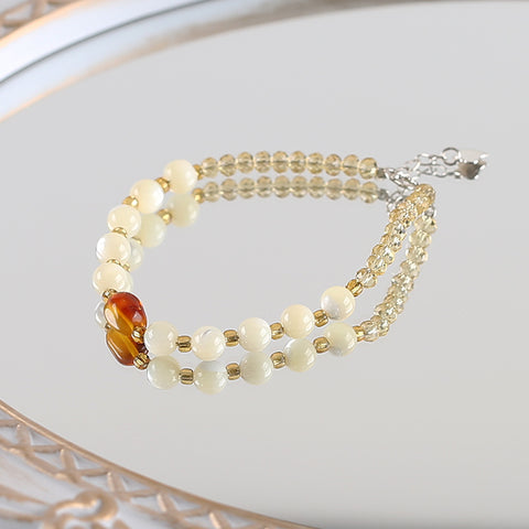 1 Strand Natural 4mm Yellow Quartz And 6mm Shell  Beads Bracelet,17-19cm,4×3mm,6mm,9×6mm,5.8g