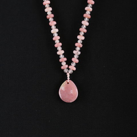 Natural Pink Opal And Rose Quartz Gemstone Necklace, Best Gemstone Jewelry Gift, 1 Strand 18 Inch, 24x21x7mm, 8x4mm, 5mm, 30.8g