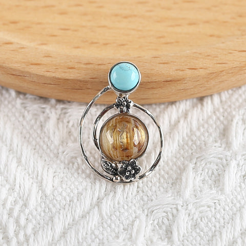 New Arrival!Handmade Jewelry Sterling Silver 925 Turquoise And Gold Rutilated Quartz  Pendant,26×18×7mm, 3.4g