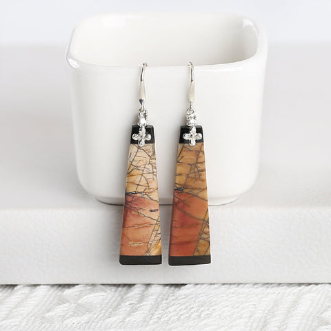 New Natural Obsidian And Multi-Color Picasso Jasper Intarsia Earrings , 925 Sterling Silver, 38x11x4mm, 7.5g