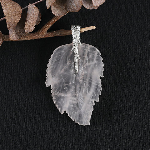 New Natural Rose Quartz Handcarved Leaf Pendant,925 Sterling Silver Pinch Bail,60x35x7mm,11.2g