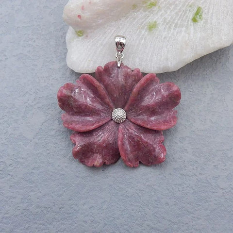 Natural Rhodonite Carved flower Pendant with 925 Sterling Silver Pinch Bail 58x55x10mm, 43g