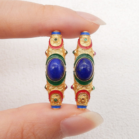 BITEFU 1Pair Silver Gold Plated Natural High Quality Lapis Lazuli Tube Gemstone Earring beads 5.6g