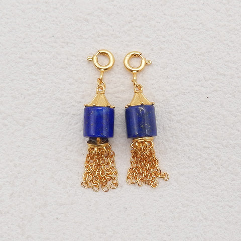 BITEFU 1 Pair Silver Gold Plated Natural High Quality Lapis Lazuli Cylindrical Tassel Gemstone Earring Beads 3g