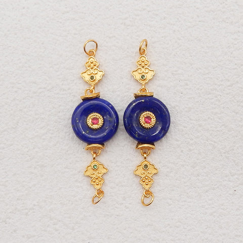 BITEFU 1Pair Silver Gold Plated Natural High Quality Lapis Lazuli Auspicious Clouds Flat Round Gemstone Earring beads 3.6g