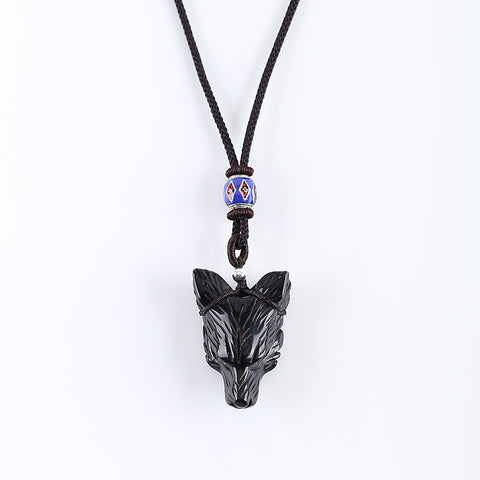 BITEFU Natural Obsidian Wolf Head Pendant Necklace, Popular Stone Wolf Necklace, 14g