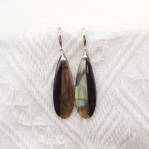 New Natural Obsidian And Labradorite Intarsia Teardrop Earrings,925 Sterling Silver, 41×13×4mm, 6.8g