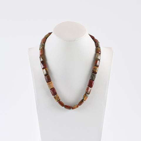 New Arrival! Hand-Woven, Natural Multi-Color Picasso Jasper Rectangle Necklace, Adjustable Necklace. 16.5 Inch, 14x10x7mm,54g