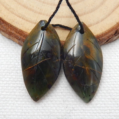 Natural Green Opal Carved leaf Earring Beads 28x14x4mm, 4.4g