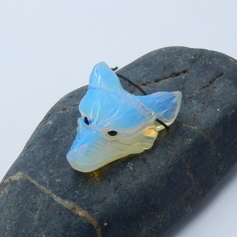 Perle pendentif tête de loup sculptée à la main en opalite, 40x31x15mm, 17.8g