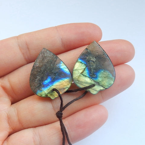 Natural Labradorite Carved leaf Earring Beads 29x17x4mm, 6.1g