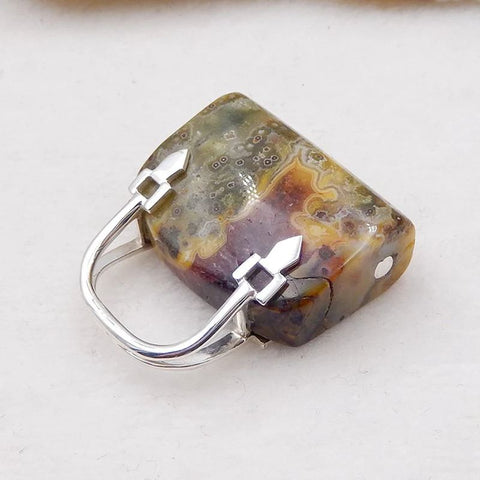 Natural Ocean Jasper Carved handbag Pendant with 925 Silver Accessory 34x29x12mm, 18g