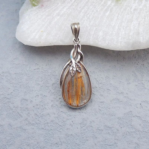 Natural Gold Rutilated Quartz Pendant with 925 Silver Accessory 28x13x4mm, 2.7g