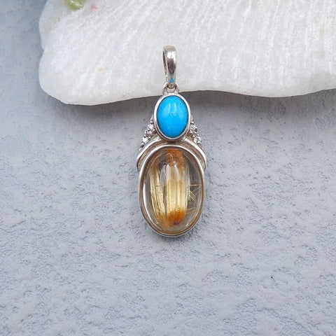 Intarsia of Natural Gold Rutilated Quartz and Turquoise Pendant with 925 Silver Accessory 27x12x7mm, 4.3g