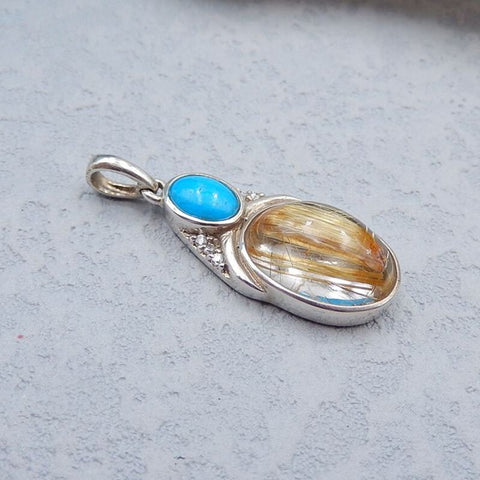 Intarsia of Natural Gold Rutilated Quartz and Turquoise Pendant with 925 Silver Accessory 27x12x7mm, 4.3g