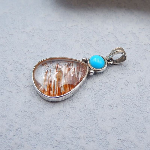 Natural Gold Rutilated Quartz and Turquoise Pendant with 925 Silver Accessory 25x15x5mm, 2.5g