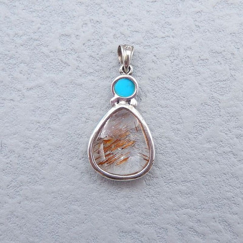 Natural Gold Rutilated Quartz and Turquoise Pendant with 925 Silver Accessory 25x15x5mm, 2.5g