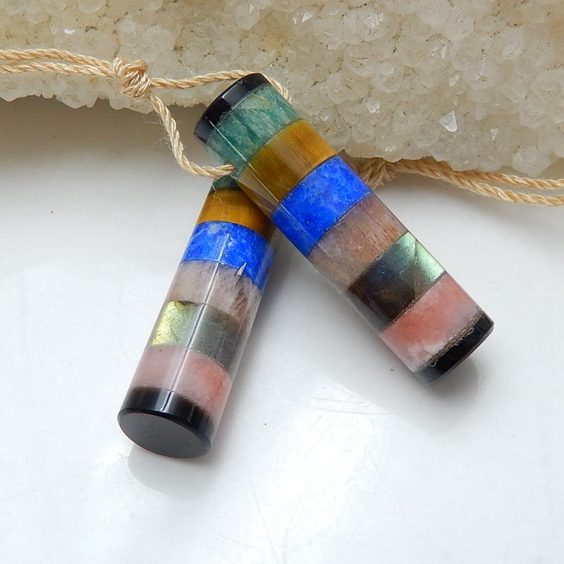 Intarsia of Obsidian, Amazonite, Tiger-Eye, Lapis Lazuli, Sunstone, Labradorite and Pink Opal Earring Beads 28x7mm, 5.9g