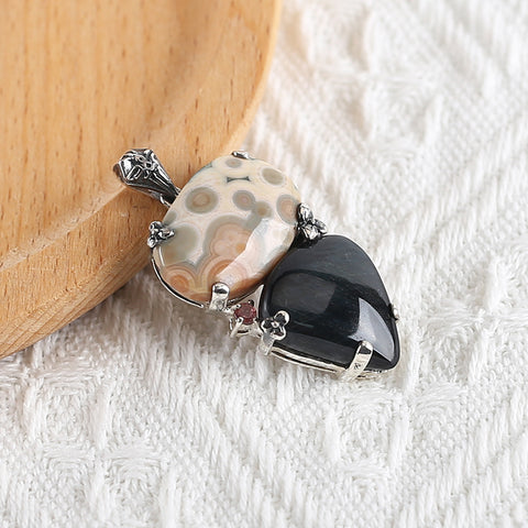 Handmade Pendant,Ocean Jasper And Blue Tiger Eye Pendant, 925 Sterling Silver Pendant,36×22×5mm,13.6g