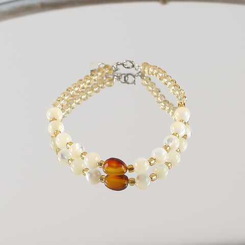 1 Strand Natural 4mm Yellow Quartz And 6mm Shell  Beads Bracelet,17-19cm,4×3mm,6mm,9×6mm,5.8g