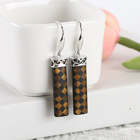 Natural Stone Tiger-Eye, Obsidian Intarsia Earrings With 925 Sterling Silver, 31x8x4mm, 6g